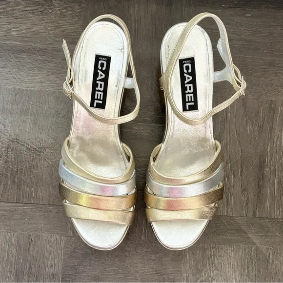 CAREL PARIS Silver And Gold Leather Platform Pumps Size 40/ 9 US - Picture 3 of 9